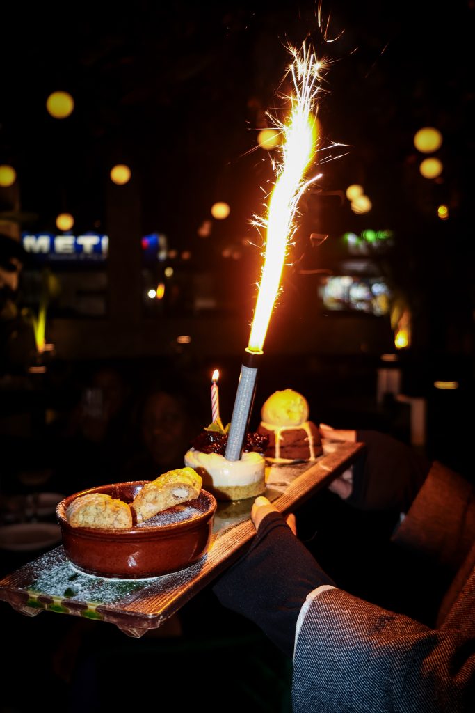 Dessert platter topped with a lit sparkler